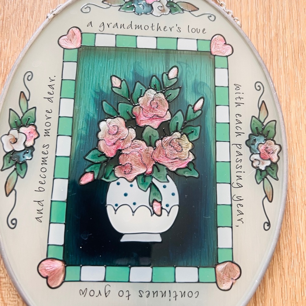 Vtg Grandmother's Love Floral Glass Suncatcher Wall Plaque Decor Cottagecore - Picture 6 of 10